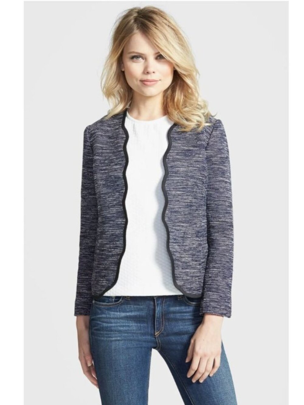 Chelsea28 Women's Scalloped Front Jacket in Navy - Sz M - New